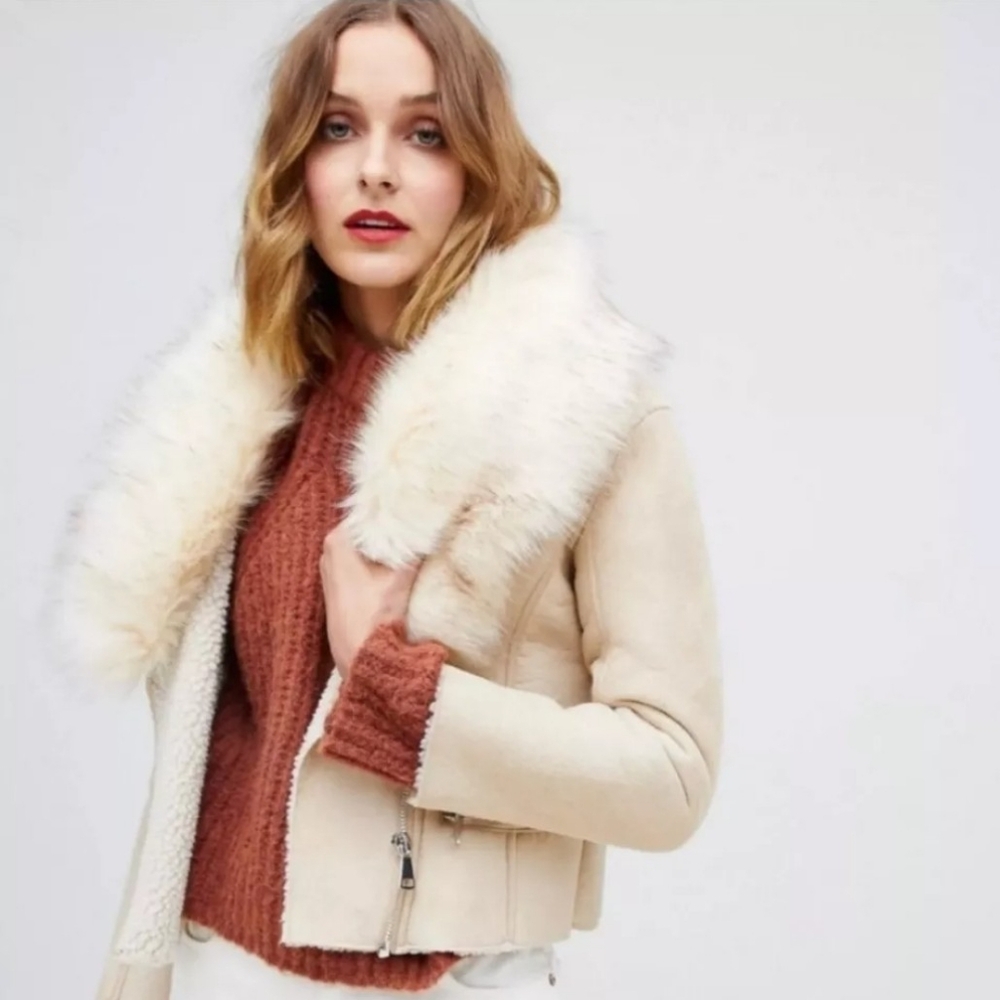Barneys New York Cream‎ Sherpa Moto Jacket Faux Fur Collar